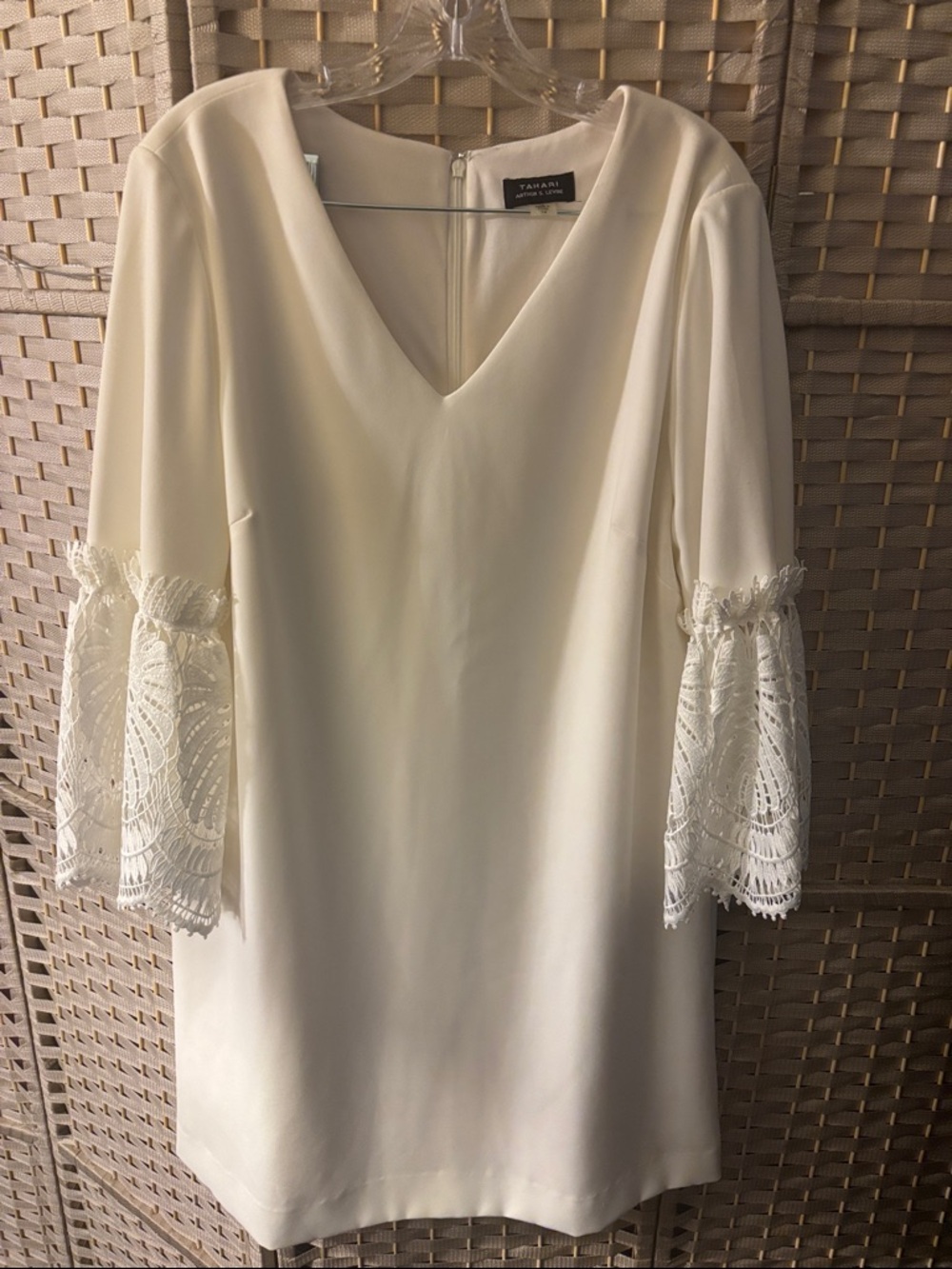 Tahari ASL Cream V-Neck Shift Dress with Lace Bell Sleeves